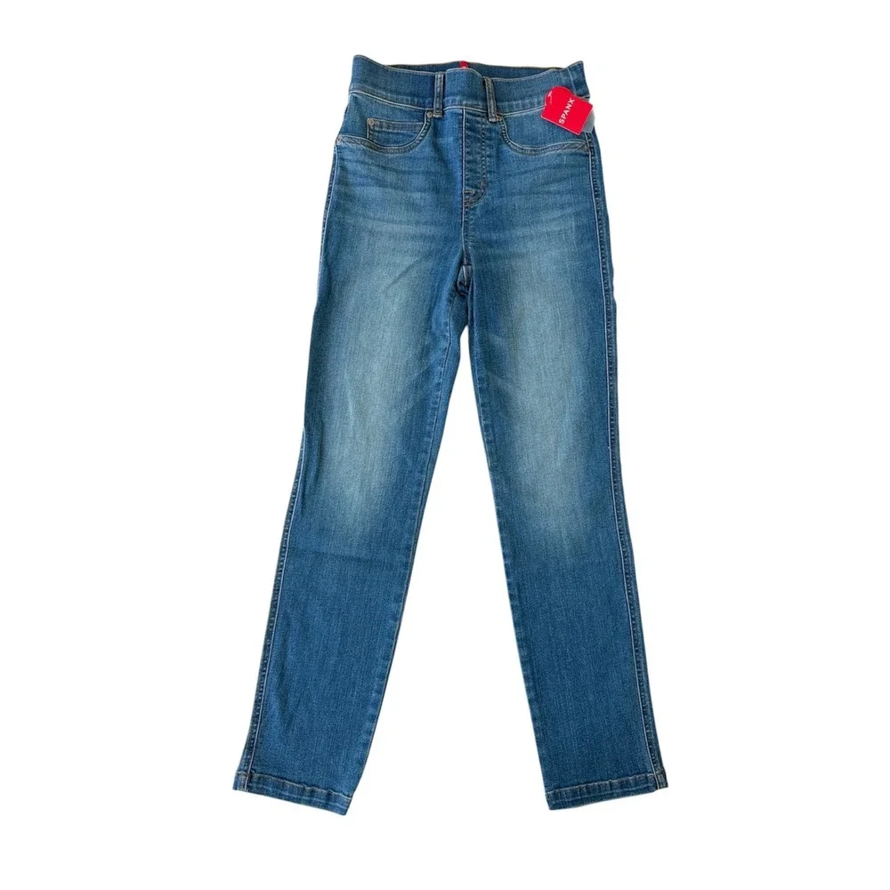 Spanx Ankle‎ Straight Leg Jeans Medium Wash High Rise Pull On Denim Blue Sz Xs